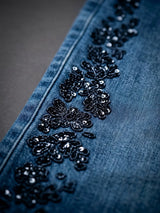Girls Blue Side-Patterned Casual Wide Leg Jeans.