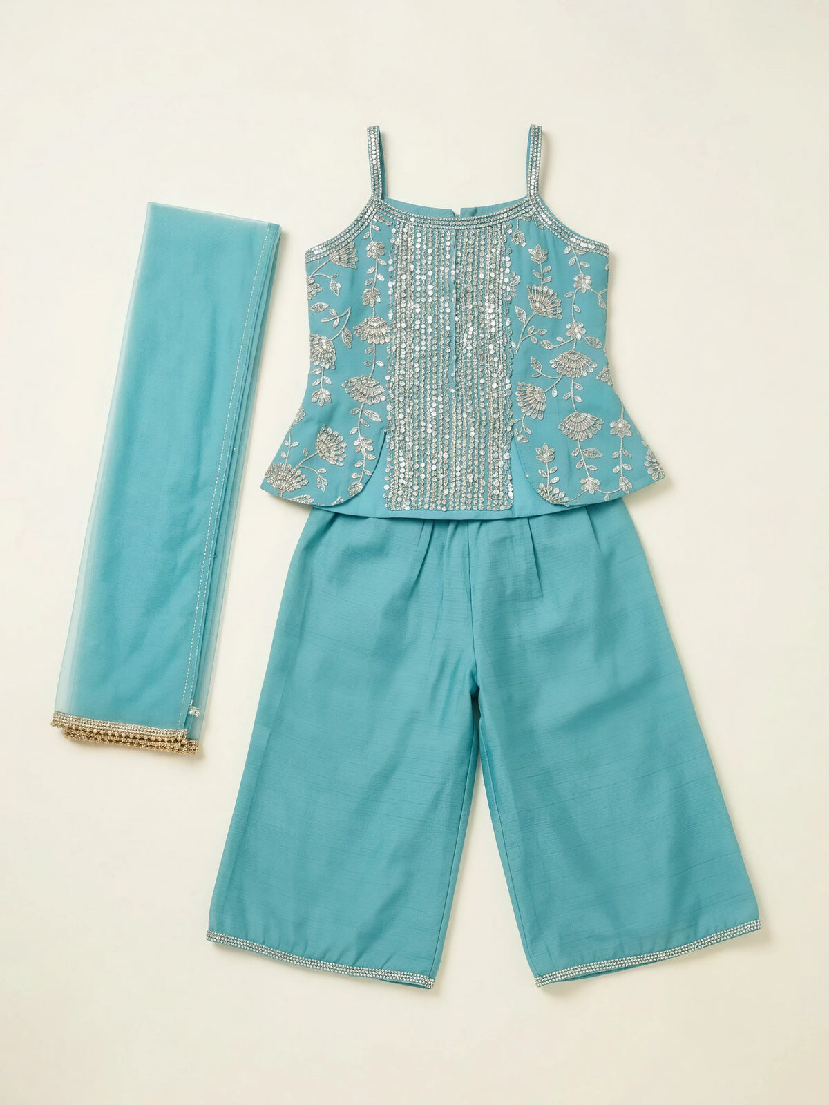 Girls Green Embroidered Palazzo Set with Dupatta.