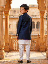 Boys Navy Blue Jodhpuri Sherwani Set with Pocket Square ()