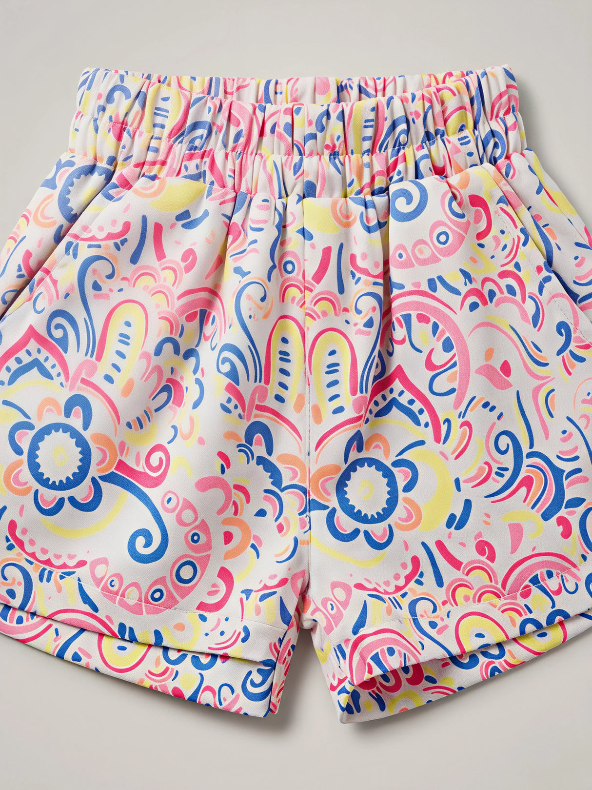 Girls' White Printed Casual Shorts with Pockets