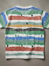 Boys White Multi-Color Striped Graphic T-Shirt