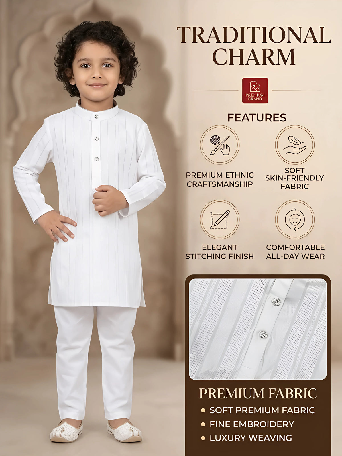 Boys White Striped Kurta Set