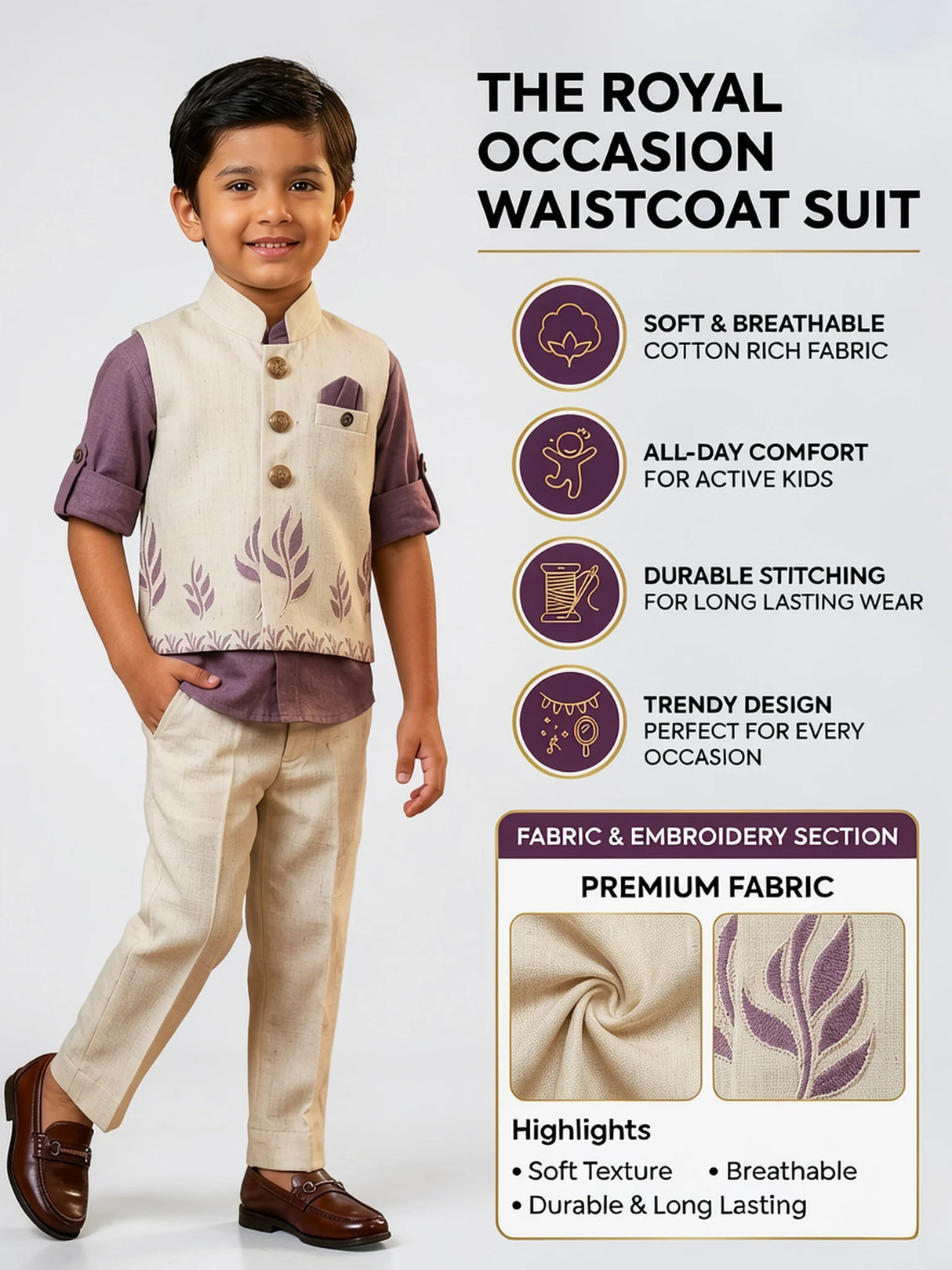 Boys Festive Purple Shirt & Floral Print Waistcoat Set