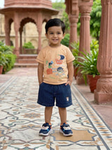 Boys Peach Nautical Print Cotton T-Shirt & Striped Shorts Set