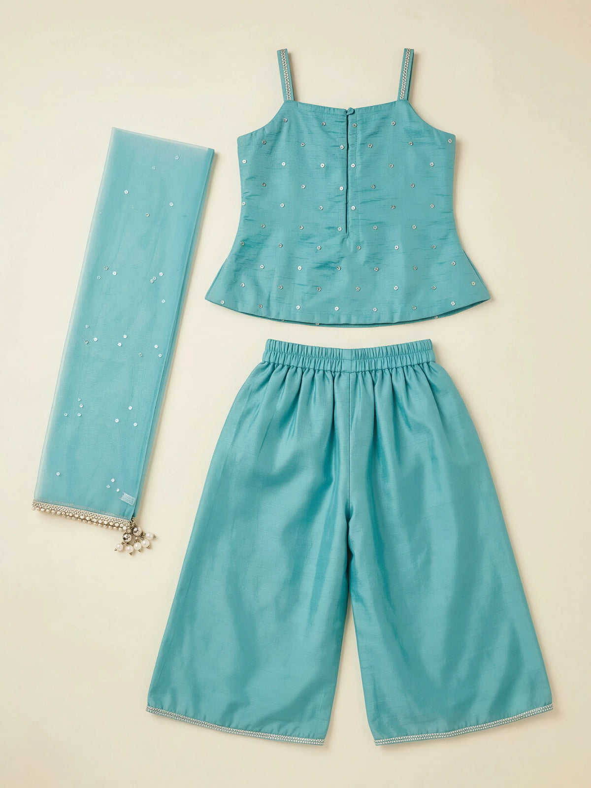 Girls Green Embroidered Palazzo Set with Dupatta.