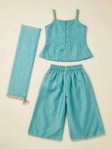Girls Green Embroidered Palazzo Set with Dupatta.