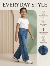 Girls Blue Side-Patterned Casual Wide Leg Jeans.