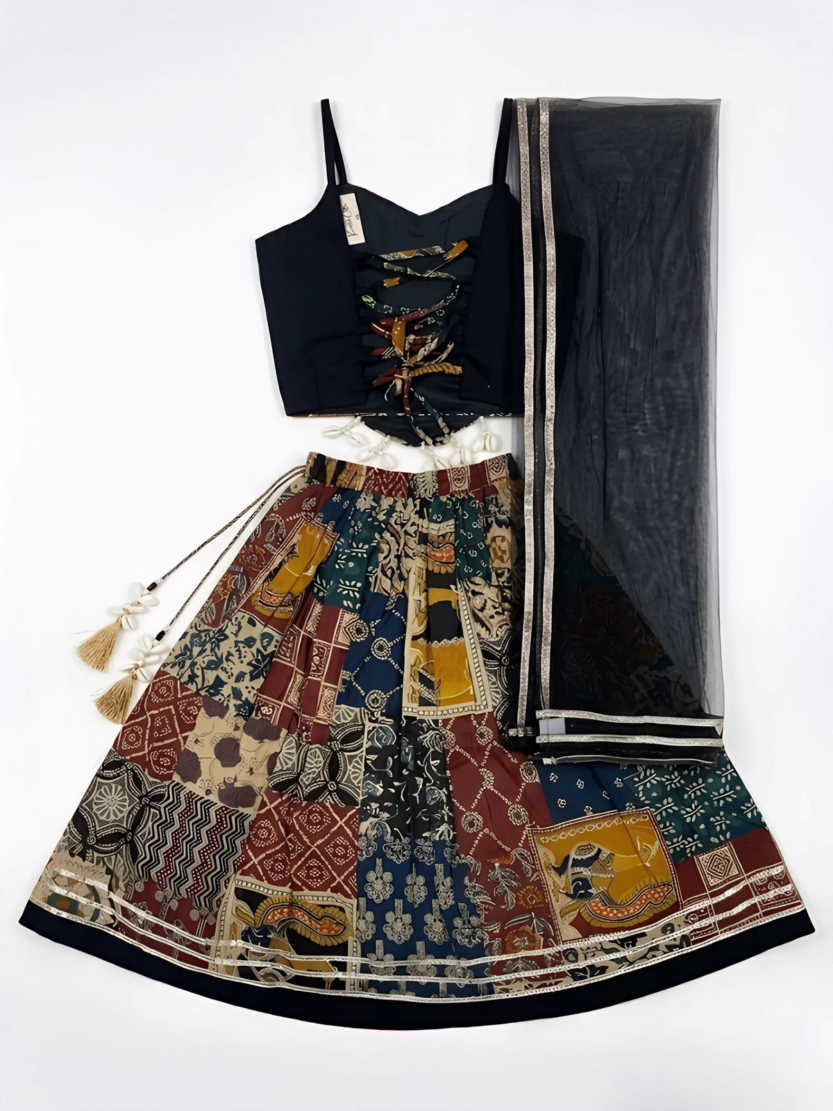 Black Patchwork Embroidered Navratri Lehenga Choli for Girls