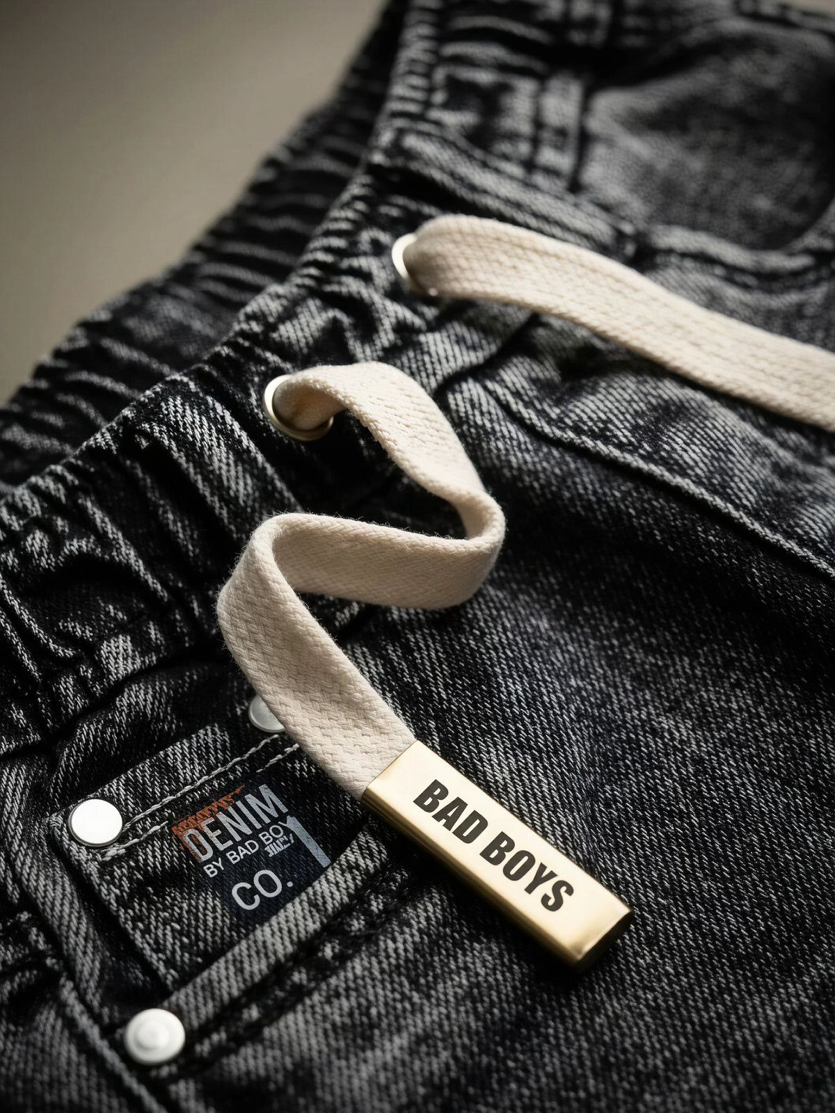 Boys Grey Washed Loose Fit Drawstring Jeans.