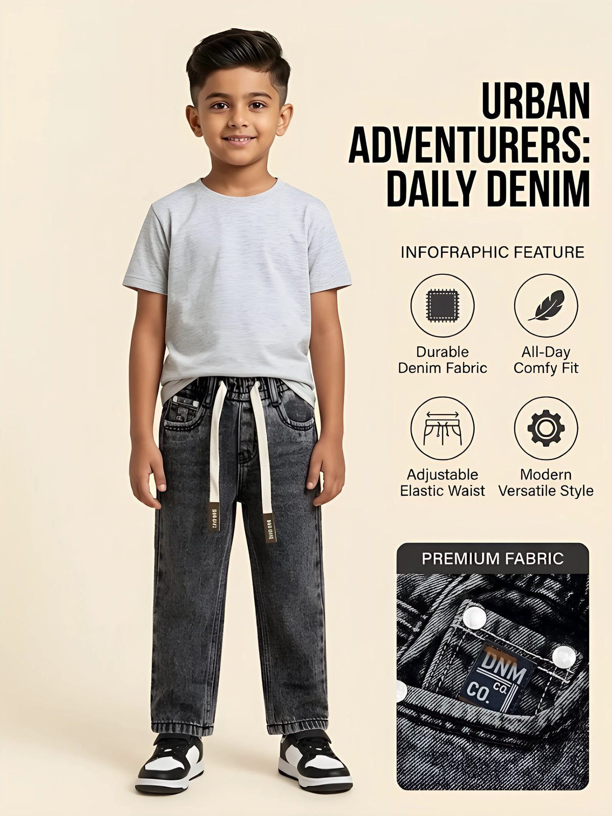 Boys Grey Washed Loose Fit Drawstring Jeans.