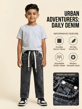 Boys Grey Washed Loose Fit Drawstring Jeans.