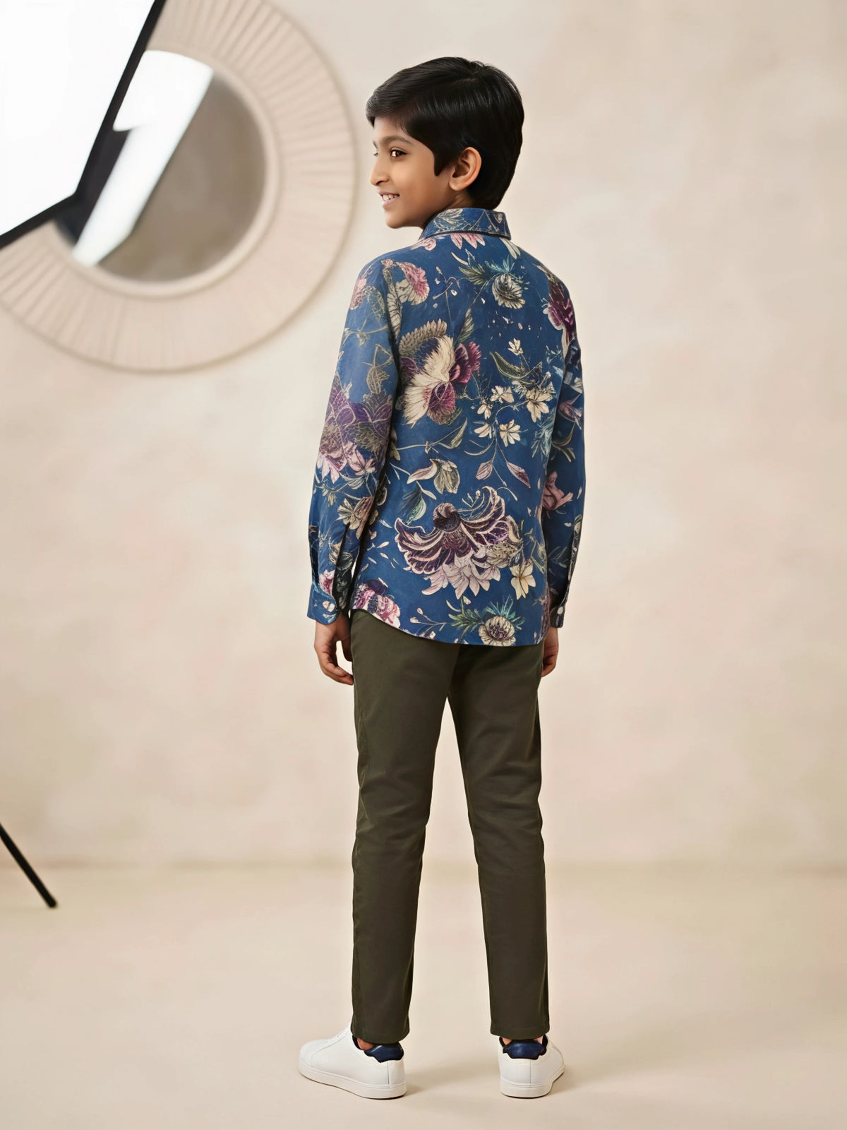 Boys Blue Floral Printed Full Sleeve Casual Shirt