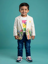 Boys White Painted Cityscape Blazer Set with Jeans & Tee