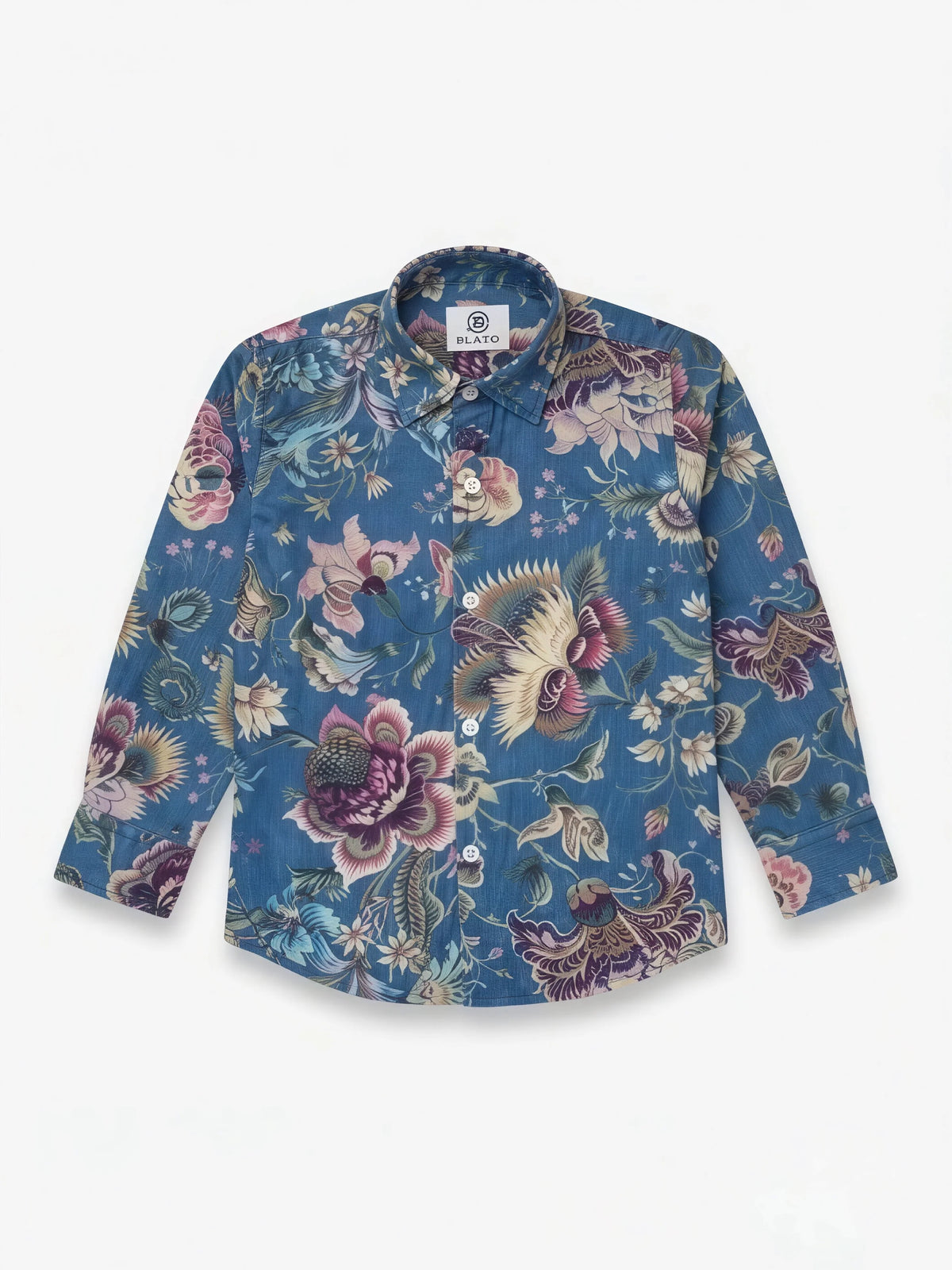 Boys Blue Floral Printed Full Sleeve Casual Shirt