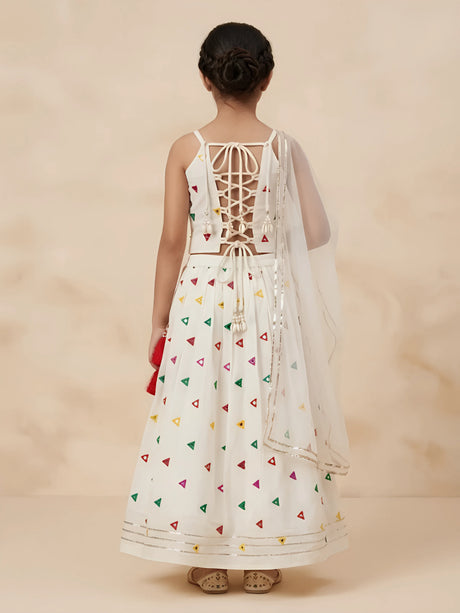 White Embroidered Mirror Work Lehenga Choli Set for Girls