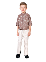 Young boy standing, wearing a short brown, collared kurta shirt with white floral embroidery and long, straight-cut cream/white trousers.

Export to Sheets