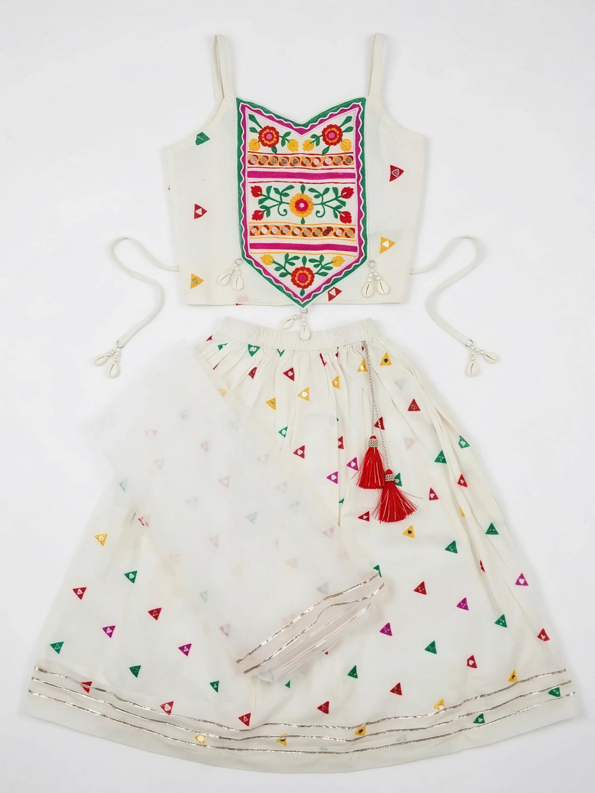 White Embroidered Mirror Work Lehenga Choli Set for Girls