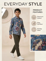 Boys Blue Floral Printed Full Sleeve Casual Shirt