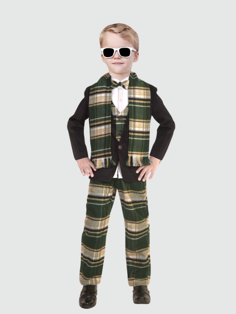Young boy posing in a formal green and black plaid 5-piece suit set, featuring a black blazer, plaid trousers, a plaid waistcoat, and a matching plaid scarf. The look is completed with white sunglasses and a bow-tie