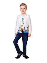 Young boy standing, wearing a white blazer with a colorful scenic print on the trim, dark blue denim jeans, and black shoes.

Export to Sheets