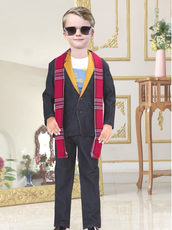 Full-length view of a stylish young boy wearing dark sunglasses, a dark blue suit with a yellow-gold contrast lapel, and a long red and blue plaid scarf.