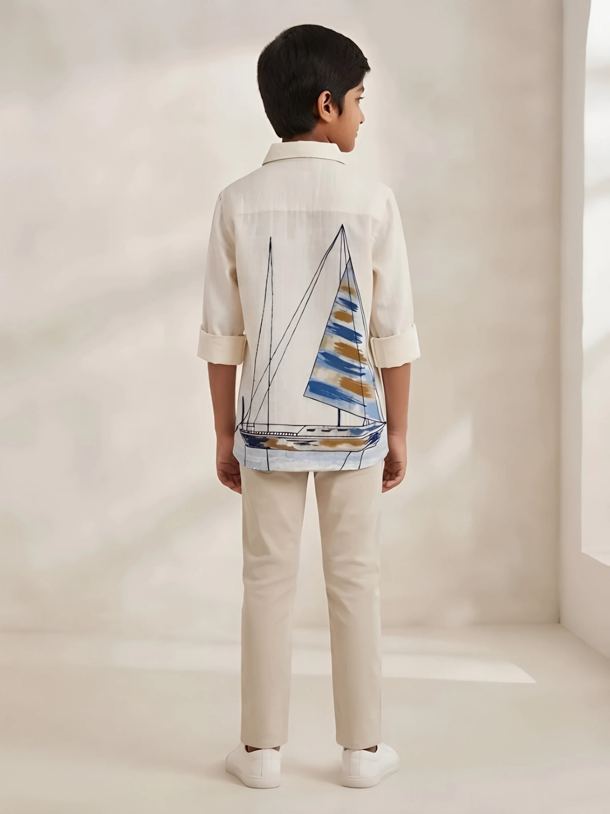 Boys Cream Sailboat Printed Full Sleeve Casual Shirt