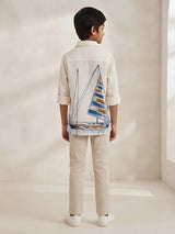 Boys Cream Sailboat Printed Full Sleeve Casual Shirt
