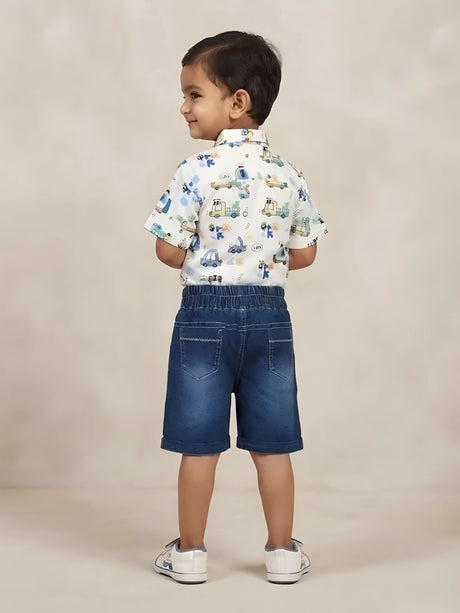 Boys White Vehicle Print Shirt & Denim Shorts Set.