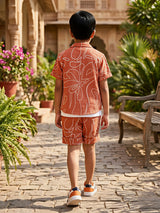 Boys Orange Floral Print Shirt & Shorts Set