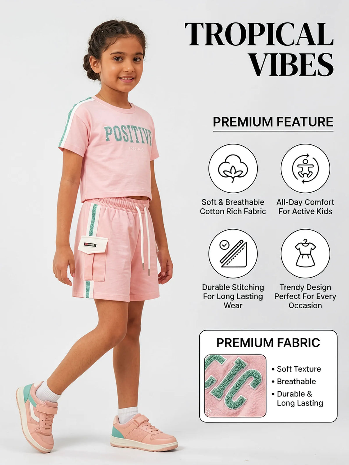 Girls Pink Positive Graphic Crop Top and Shorts Co-ord Set