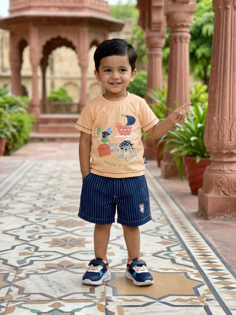 Boys Peach Nautical Print Cotton T-Shirt & Striped Shorts Set