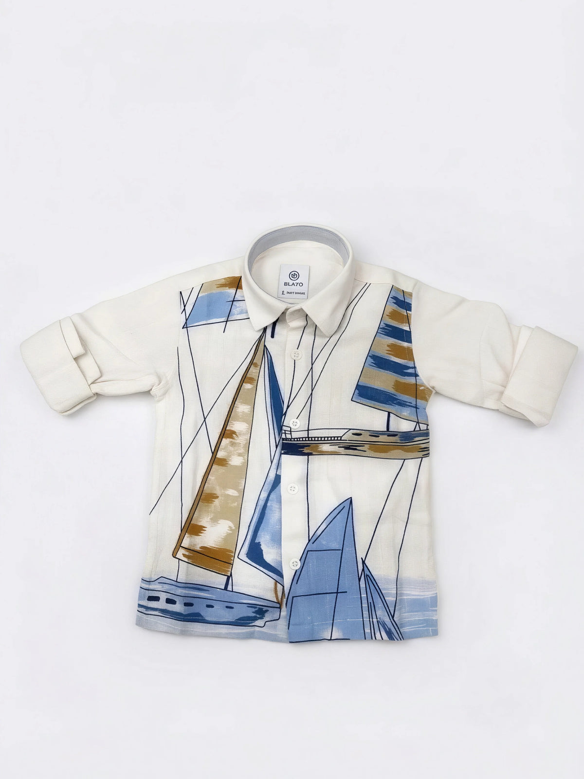 Boys Cream Sailboat Printed Full Sleeve Casual Shirt