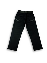Boys' solid black denim jeans in a straight fit, styled with an included black web belt and subtle front pocket branding.

Export to Sheets