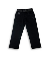 Boys' solid black denim jeans in a straight fit, styled with an included black web belt and subtle front pocket branding.

Export to Sheets