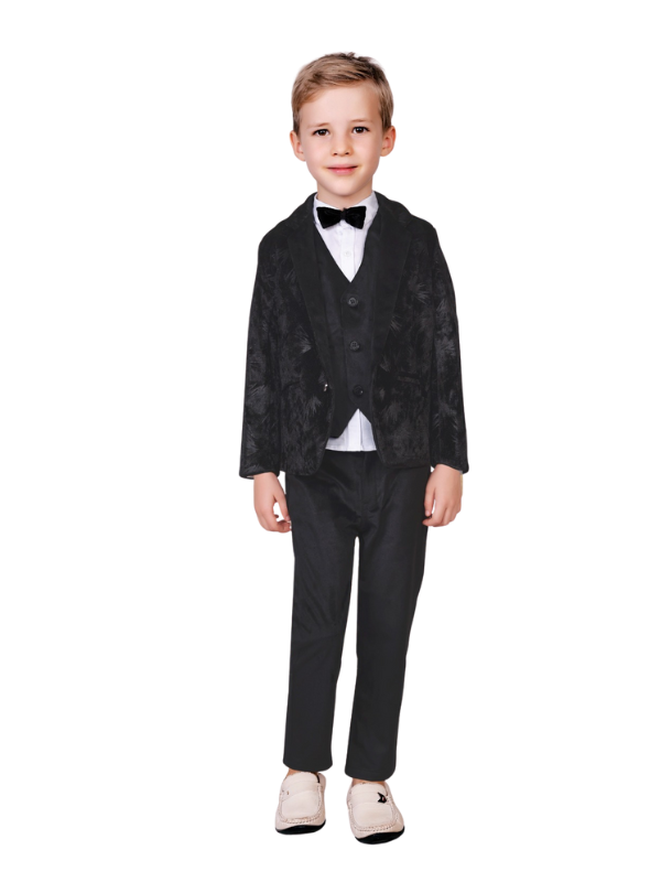 Young boy wearing a 3-piece black velvet jacquard suit set with a white shirt and black bow tie, posing formally.

Export to Sheets