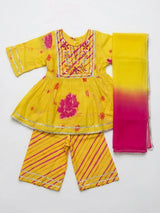 Yellow Floral Printed Kurta Plazzo Set for Girls