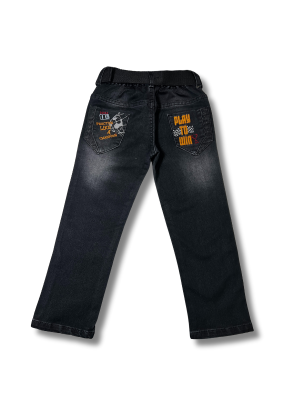 Boys' dark grey wash straight-leg jeans with white and orange graphic text on the leg, an elastic waist, and a wide black web belt with a black buckle.

Export to Sheets