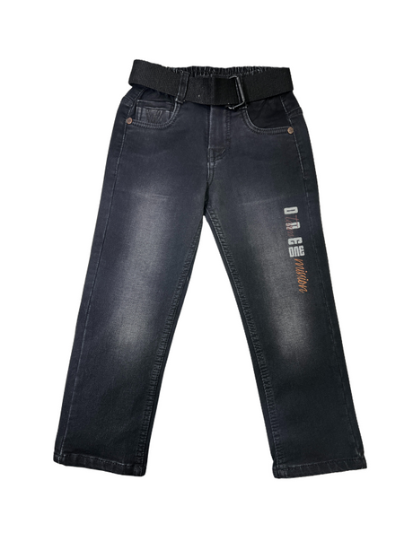 Boys' dark grey wash straight-leg jeans with white and orange graphic text on the leg, an elastic waist, and a wide black web belt with a black buckle.

Export to Sheets