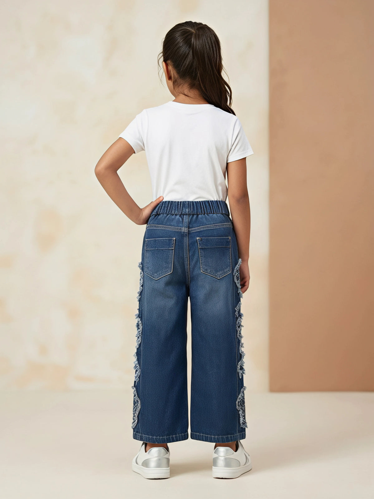 Girls Navy Blue Elastic Waist Casual Pants with Side Lace Detail.