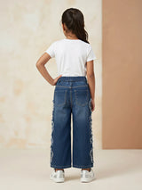 Girls Navy Blue Elastic Waist Casual Pants with Side Lace Detail.
