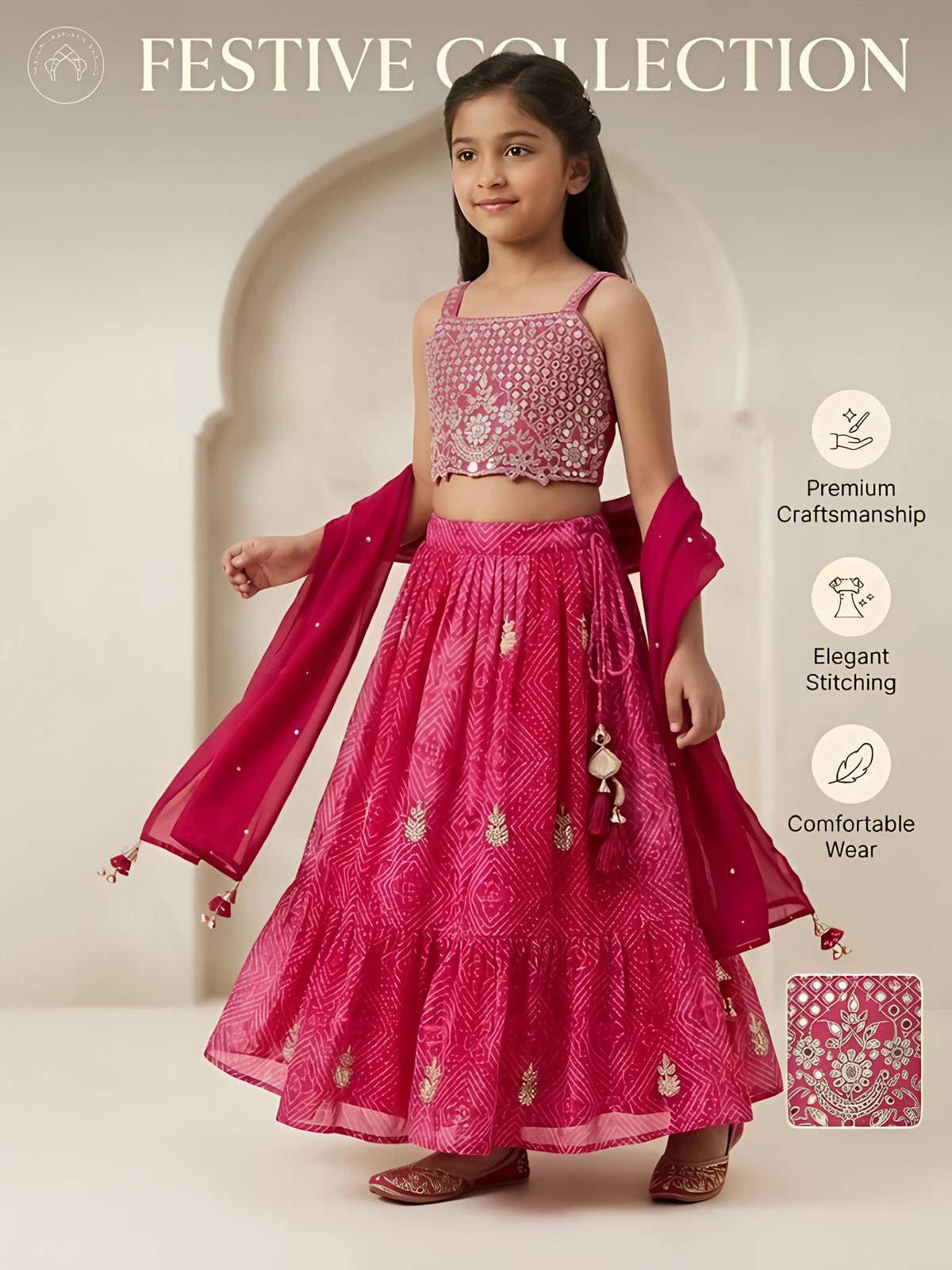 Girls Rani Pink Embroidered Lehenga Choli Set.