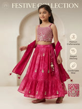 Girls Rani Pink Embroidered Lehenga Choli Set.