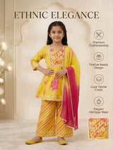 Yellow Floral Printed Kurta Plazzo Set for Girls