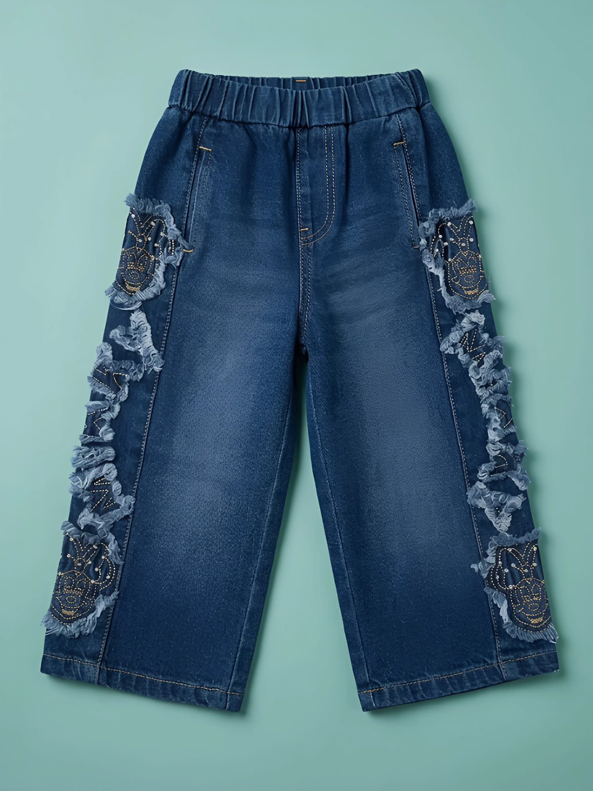 Girls Navy Blue Elastic Waist Casual Pants with Side Lace Detail.