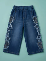Girls Navy Blue Elastic Waist Casual Pants with Side Lace Detail.
