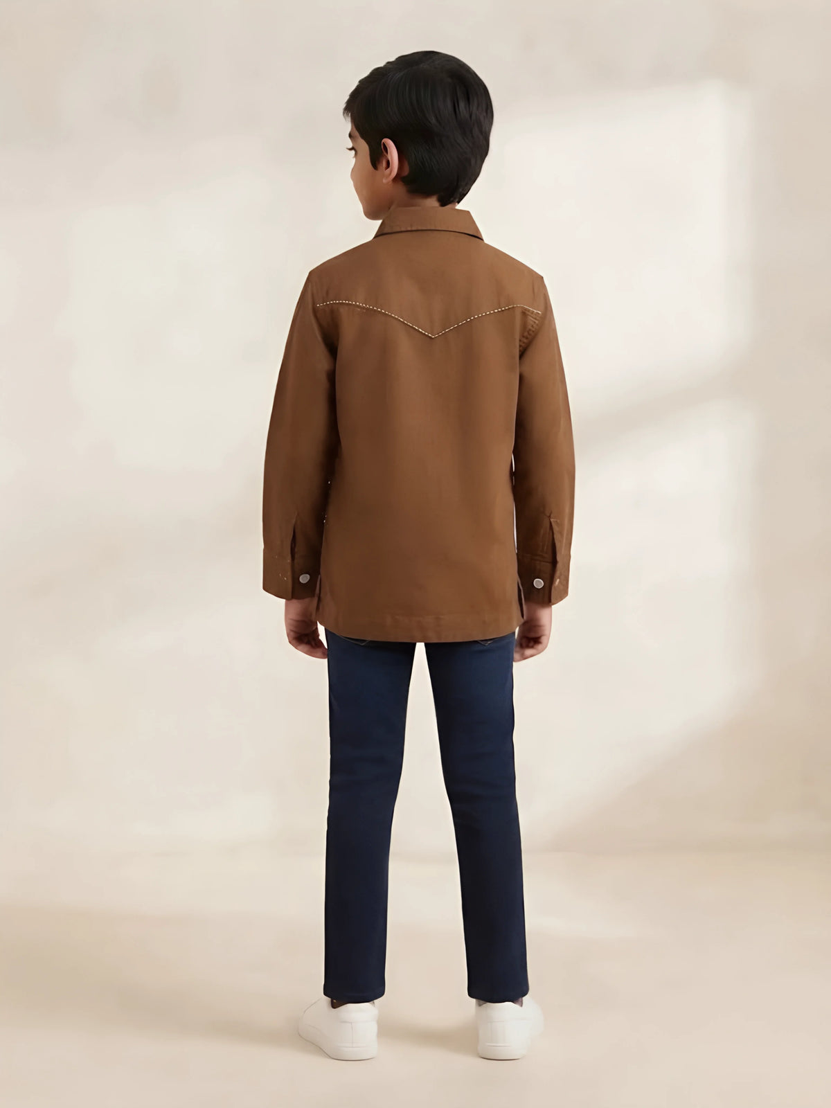 Boys Brown Casual Overshirt & White T-Shirt Combo Set