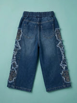 Girls Navy Blue Elastic Waist Casual Pants with Side Lace Detail.