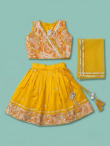 Girls Yellow Printed Lehenga Choli Set.