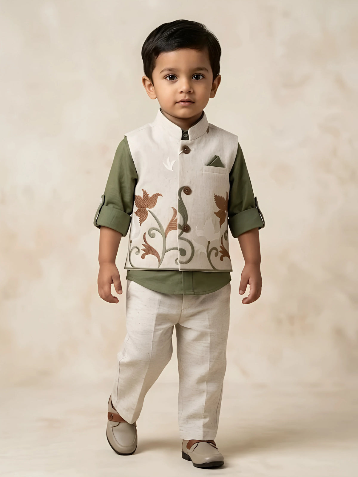Boys green roll-up sleeve shirt and beige floral embroidered waistcoat suit set with trousers