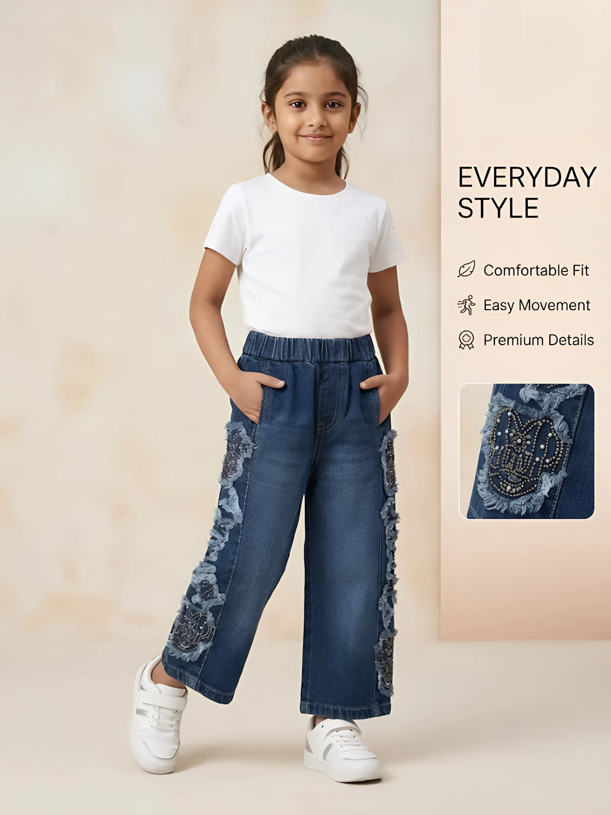 Girls Navy Blue Elastic Waist Casual Pants with Side Lace Detail.